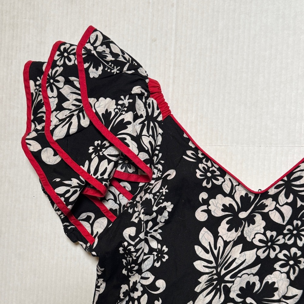 Vintage RM Made in Hawaii USA Floral Black White Red‎ Trim Mermaid Maxi Dress M? - Picture 7 of 15